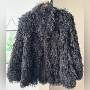 Mongolian Lamb Fur Coat Shaggy Black Medium Boho Glam